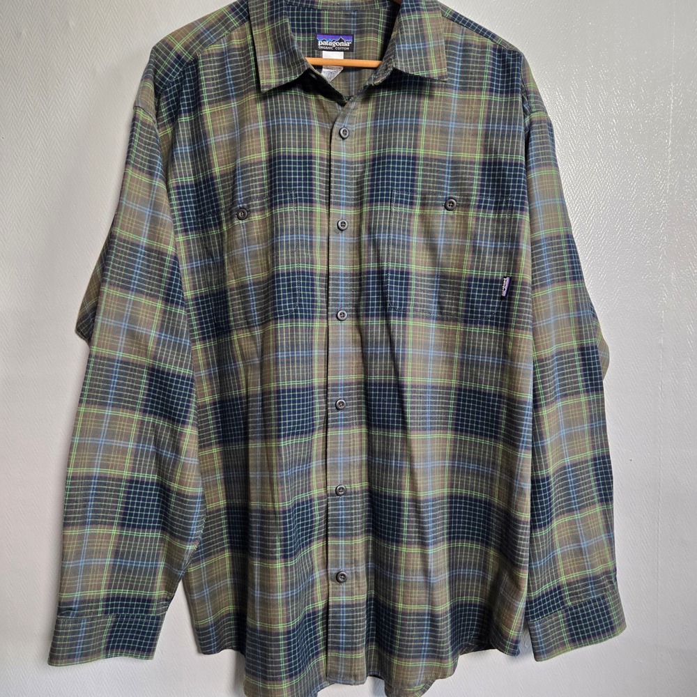 Patagonia Organic Cotton Flannel Plaid Button Down Green Gorpcore Outdoor XL
